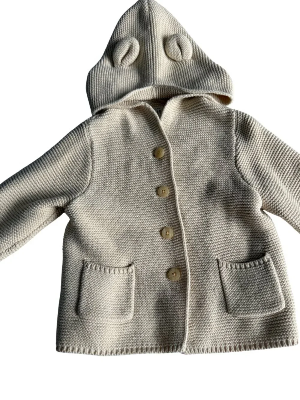 Gap Baby Bear Ear Knit Hooded Cardigan Sweater Cream 18-24M